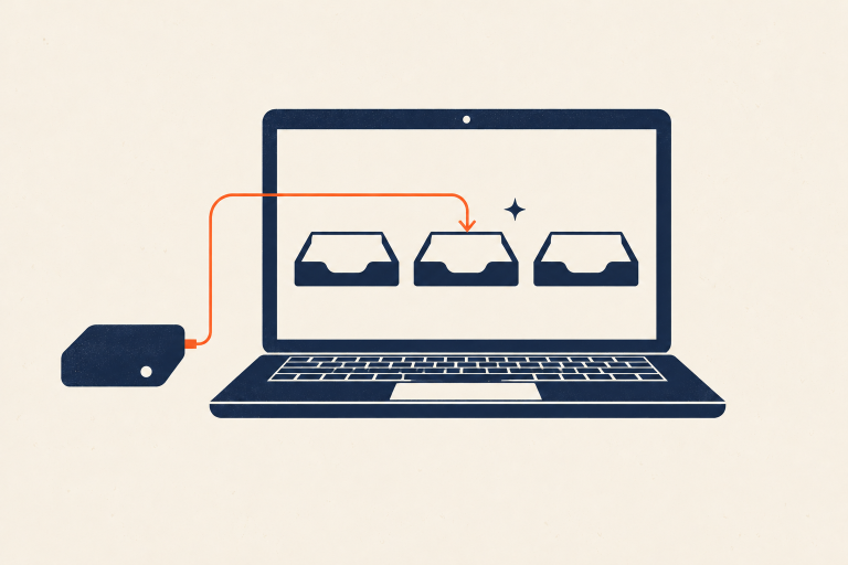 A laptop with a shallow set of file trays, a backup drive, and one highlighted retrieval path