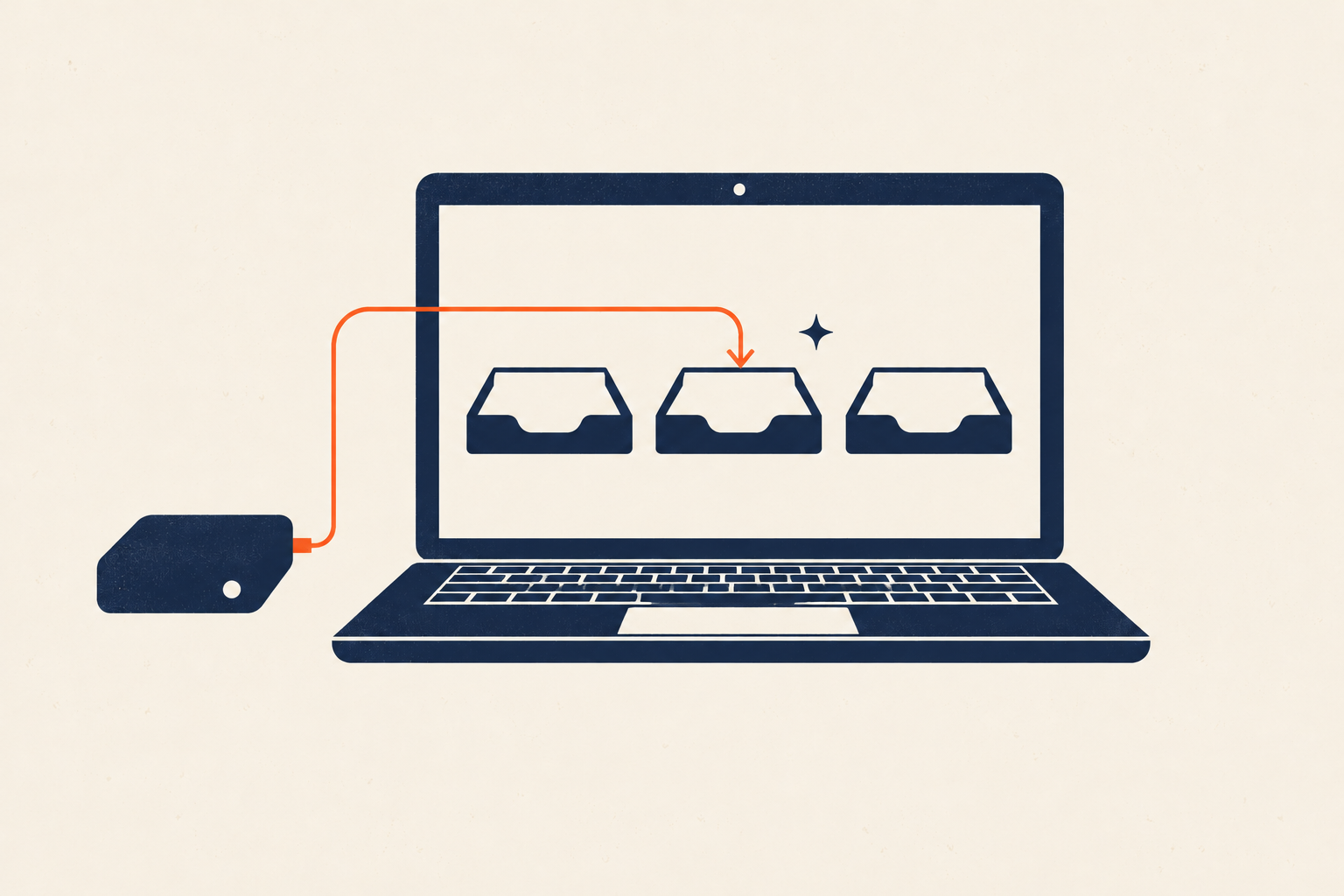 A laptop with a shallow set of file trays, a backup drive, and one highlighted retrieval path