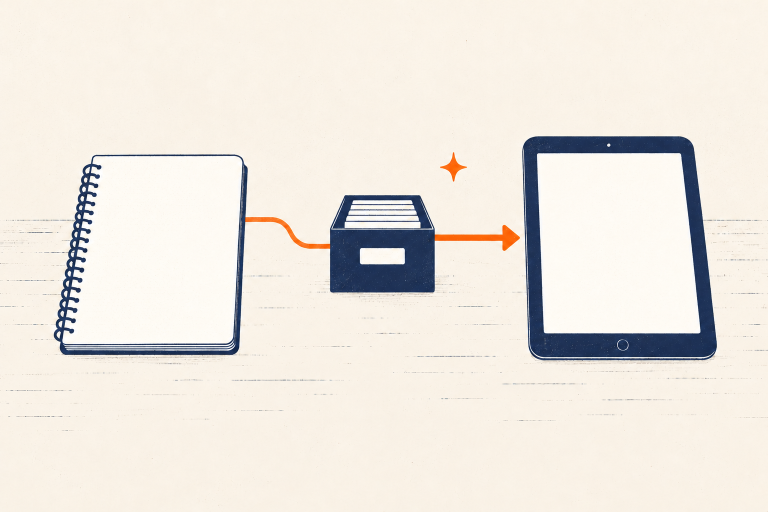 Paper notebook and tablet joined through one single-source file box