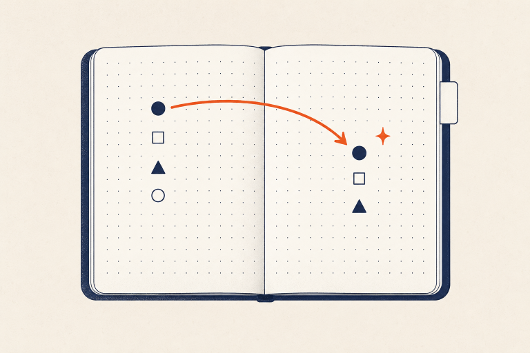 Open dot-grid notebook with task markers and a migration arrow