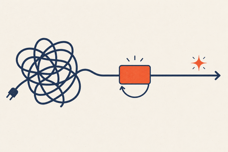 Tangled starting cord simplified into one next-action card and a clear path