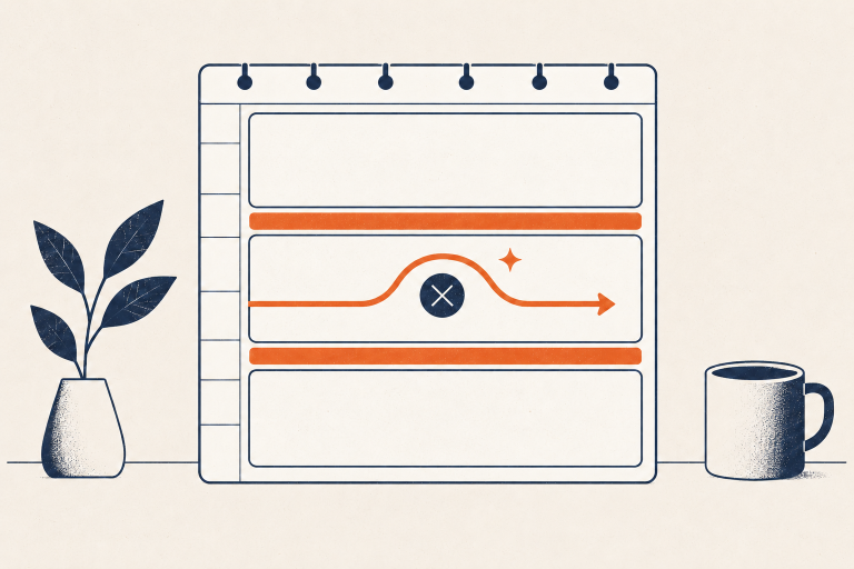 Day planner with three time blocks, buffer space, and a route around an interruption